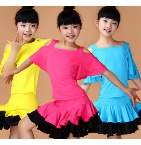 Turquoise sky blue yellow fuchsia hot pink floral black girls kids children dew shoulder competition performance latin dance dresses outfits